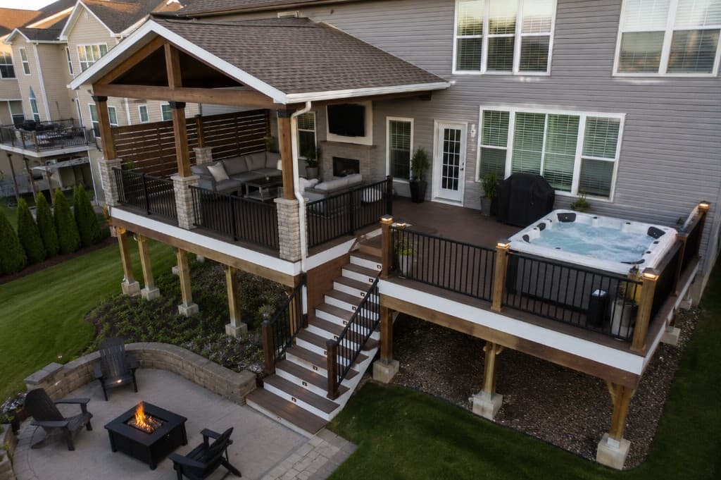 Custom deck and covered porch with outdoor living space on a Northern California home