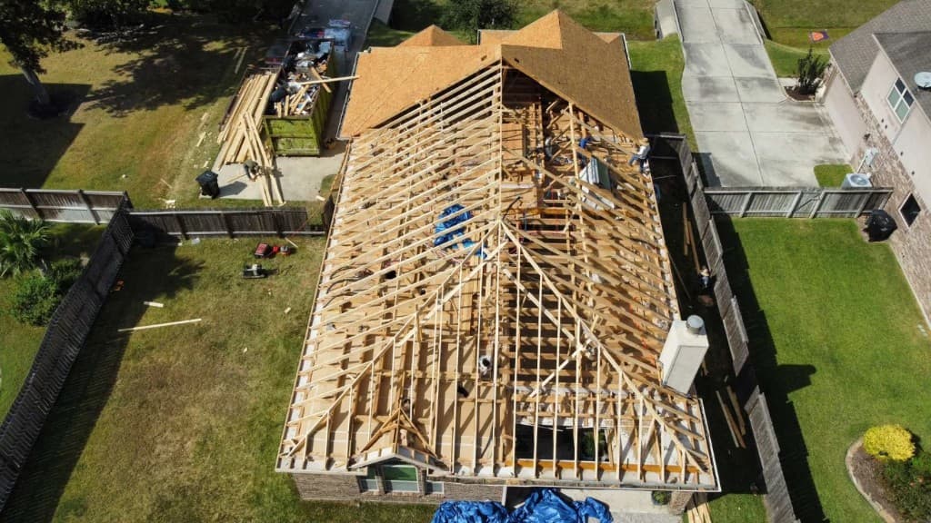 Aerial view of commercial roof framing on a Central Valley construction site