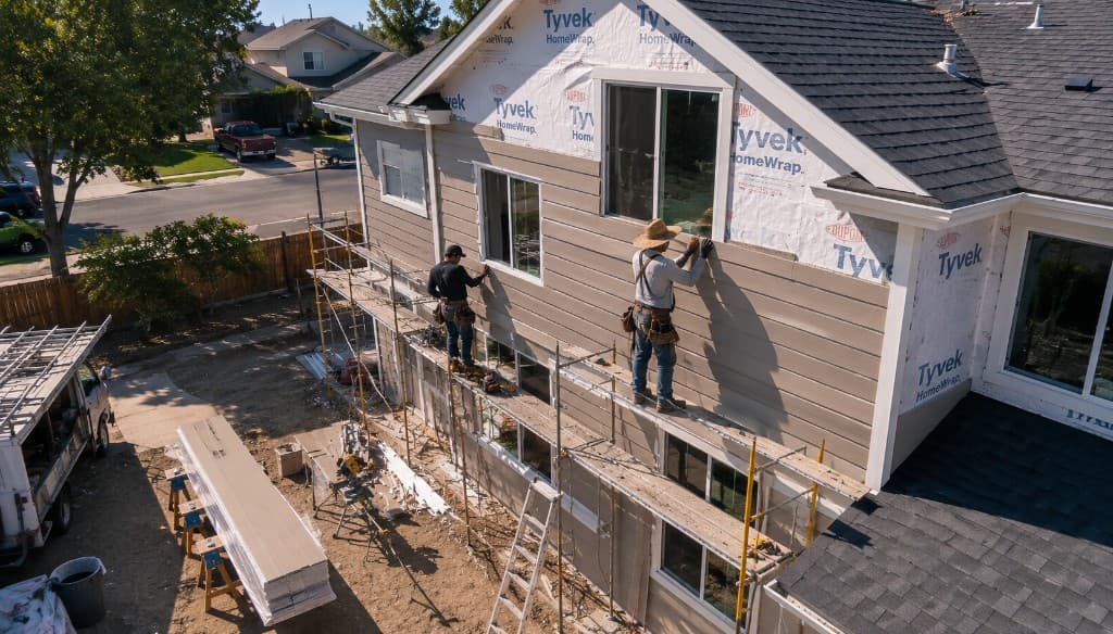Crew installing siding and trim on a residential home in Northern California