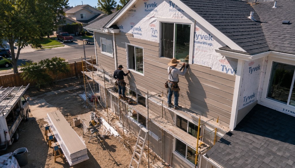 Crew installing siding and trim on a residential home in Northern California