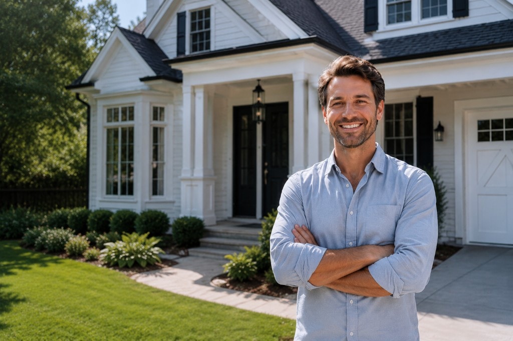 Homeowner standing in front of a finished custom home built by Elite Builders